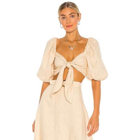 NWT Faithful the Brand Idrissy Top Plain Sand Linen Tie Front Puff Sleeve Size 4 - Picture 1 of 5